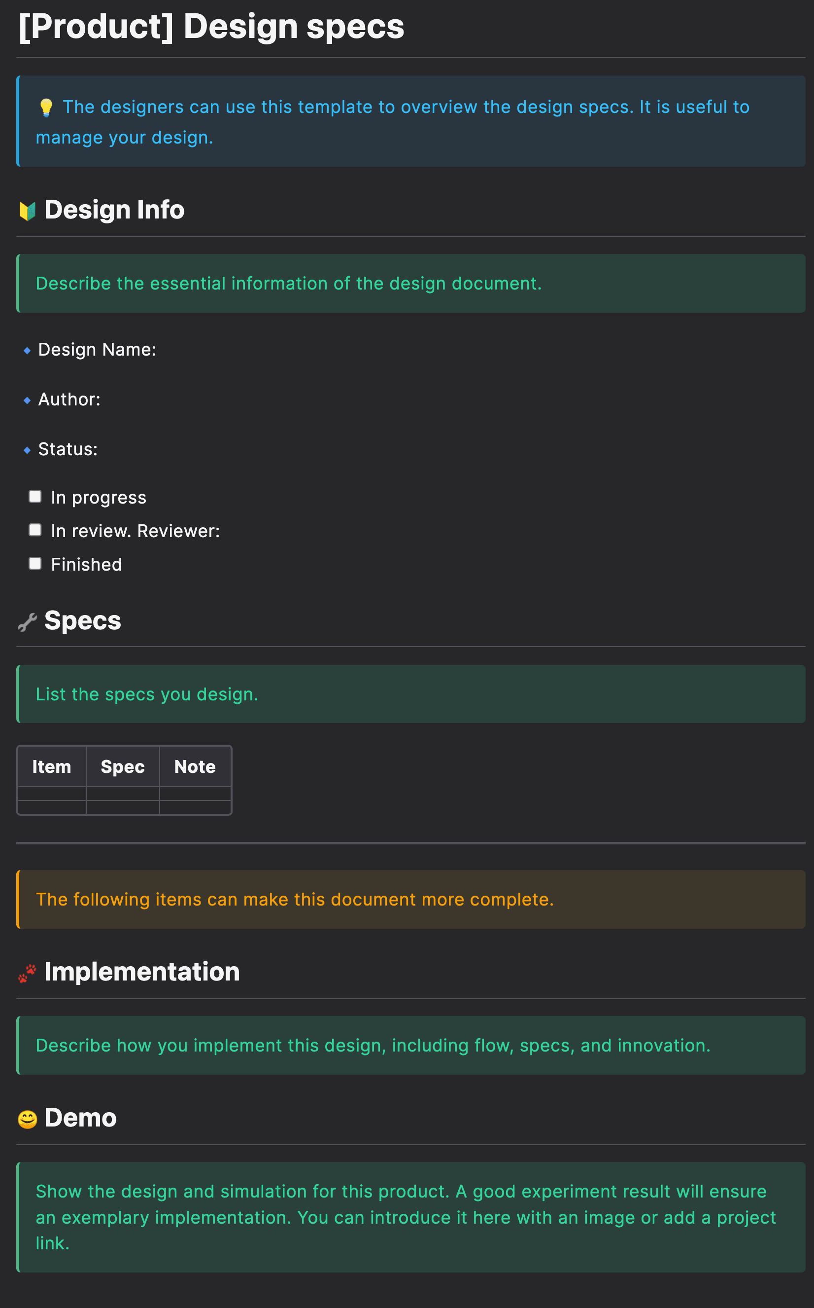 template design specs