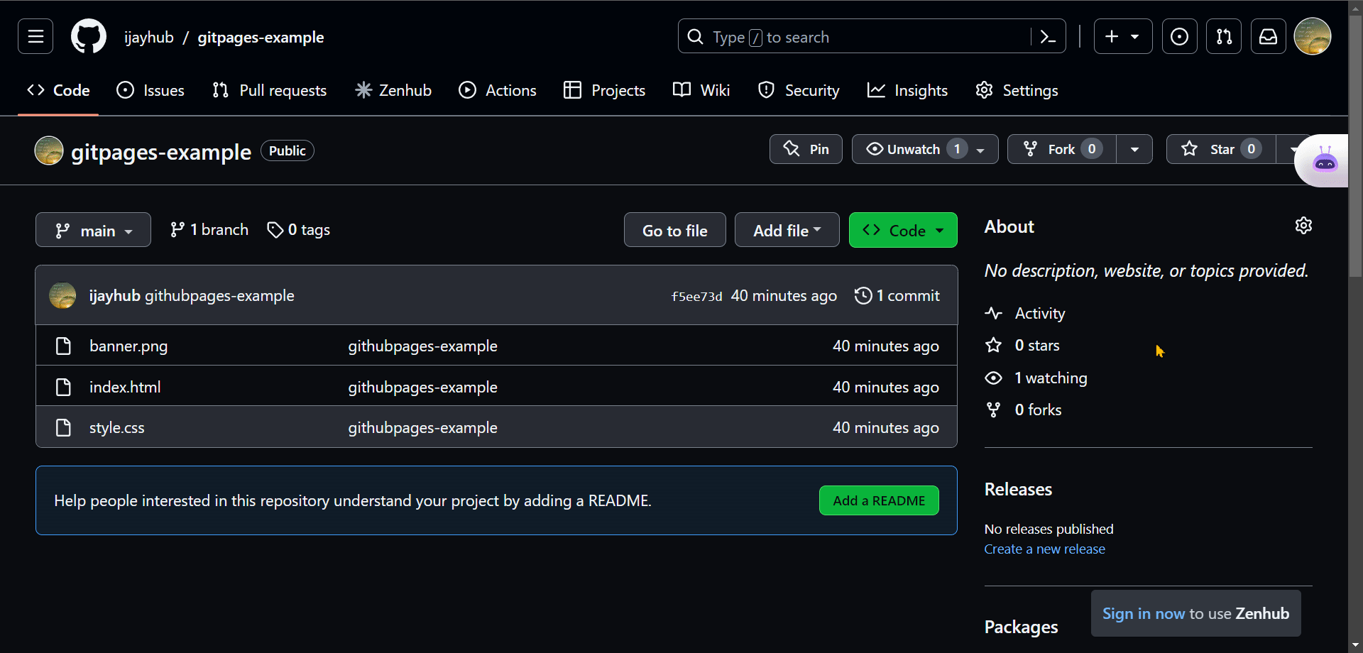 settings section GitHub pages