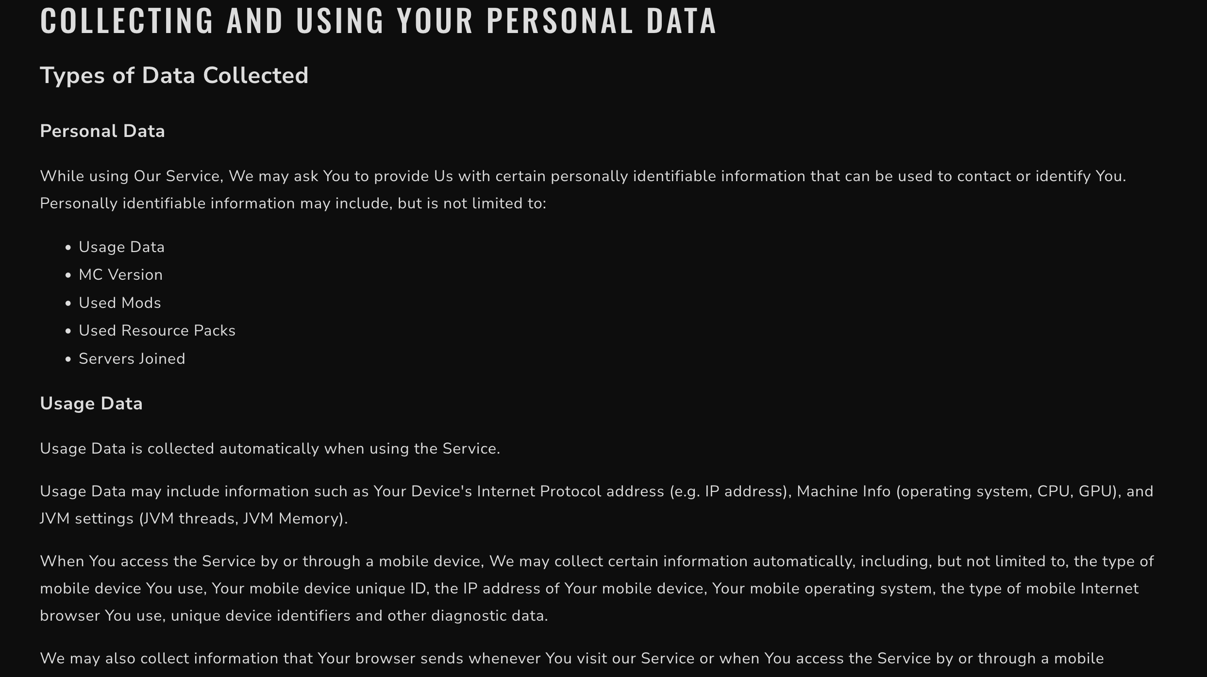 Data collection clause in https://feathermc.com/privacy/